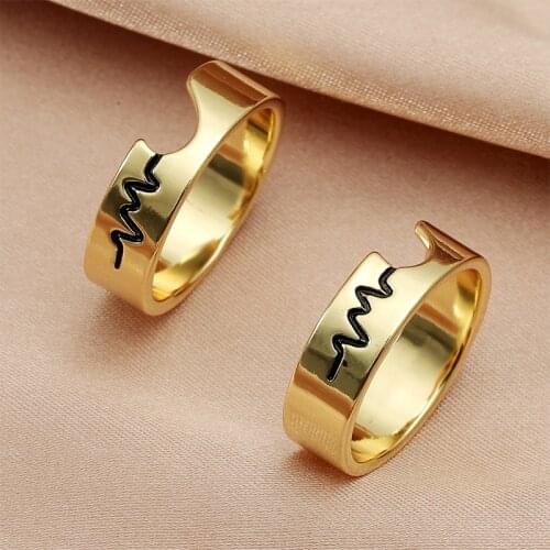 Romantic 2-Piece Set Heart Heartbeat Metal Ring Fashion Couple Gold Silver Color Ring Accessories Elegant Jewelry Gift
