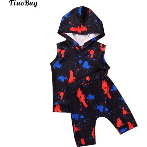 TiaoBug 2Pcs Kids Boys Summer Suit Hooded Hoodie Sleeveless Tie Dye Print Tops And Shorts Set Sportswear