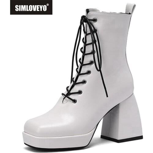 REVE CAT Short Ankle Boots Women PU Leather Strap Up Zip Slim Platform Block Thick High Heel Ladies Square Toe Fashion 43 S2356
