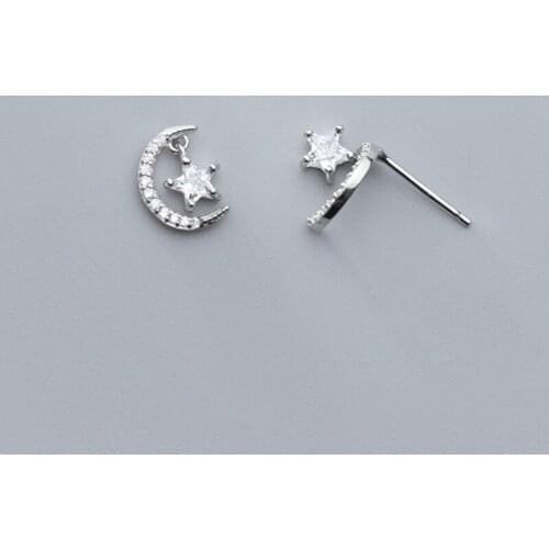 HF JEL Stylish 925 Sterling Silver Stud Earrings for Women Shining Blind Rhinestone Moon Star Stud Earring Silver Jewelry Gifts