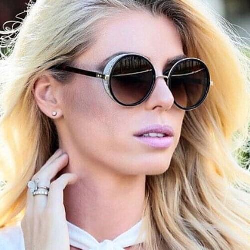 FEISHINI Trimming Metal Round Sunglasses Women Vintage 2021 Fashion Black Trendy Ladies Glasses UV Protector Gradient Grey