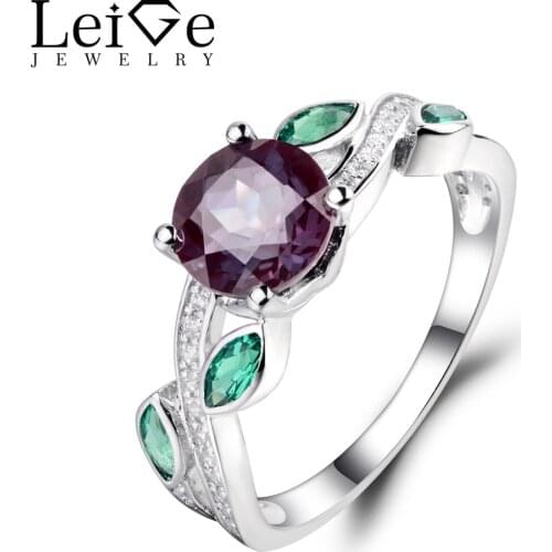 Leige Jewelry Lab Alexandrite Leaf Ring Sterling Silver 925 Fine Jewelry Round Cut Engagement Rings for Her Gemstone Jewelry