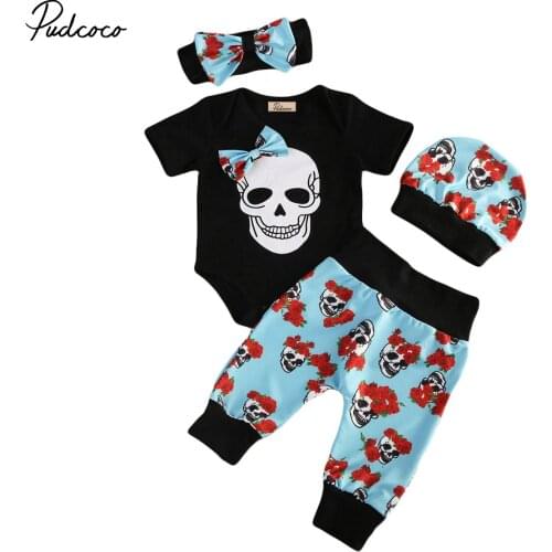 4pcs Kids Baby Boy Halloween Skull Clothes Short Sleeve Cotton Romper Jumpsuit Blue Print Pants Headband Hat Outfit Set Clothing