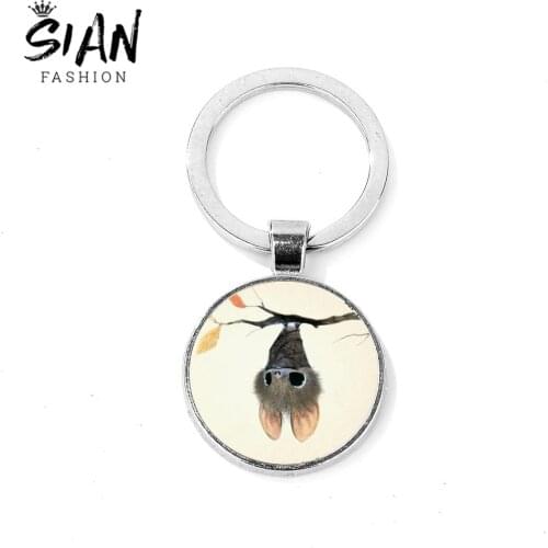 SIAN Little Baby Bat Key Ring Silver Plated Cute Fun Art Picture Glass Cabochon Pendant Key Chain Car Accessories Halloween Gift