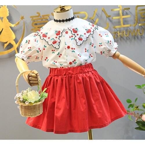 Baby Children Clothing 2021 Summer New Girl Suit Cherry Lapel Top + Half Skirt Two-Piece Suit Dresses For Girls 2-8 Years Old