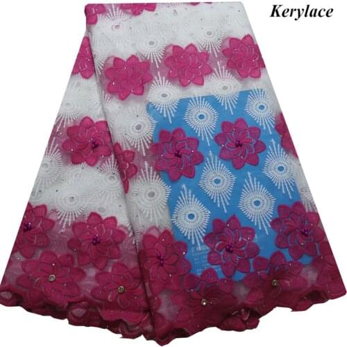 Fushia 2020 African Net Lace Fabric High Quality Elegant Nigerian Wedding 5 Yards Beaded&Rhinestones French Tulle lace KRL-2901
