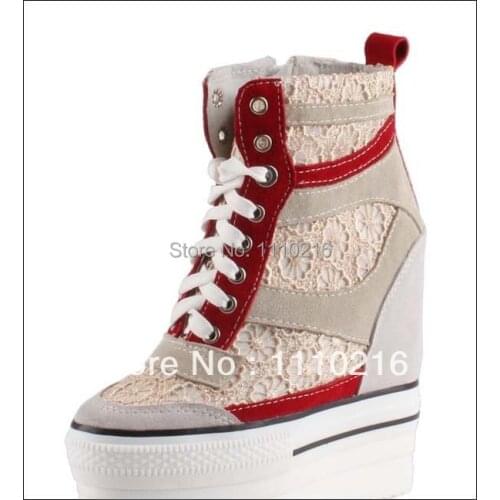Hot sale new 2017 fashion wedge high platform hidden heels lace patchwork lace-up high top woman casual shoes thick sole boots