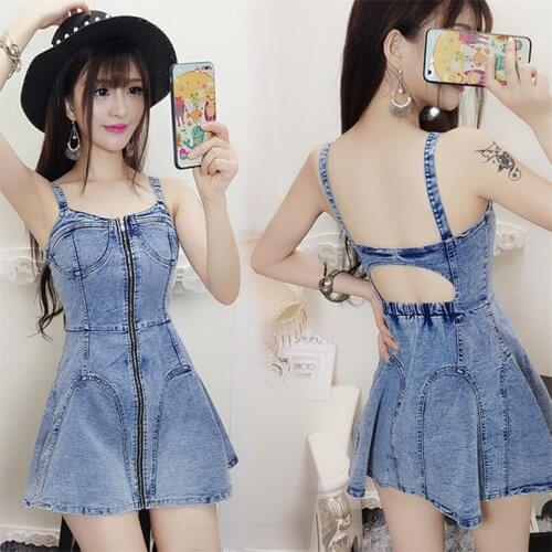 Hot Sell Young Girl Sexy Backless Hollow Out Braces Dress Summer Sleeveless Short Denim Clothes For Night Club Party