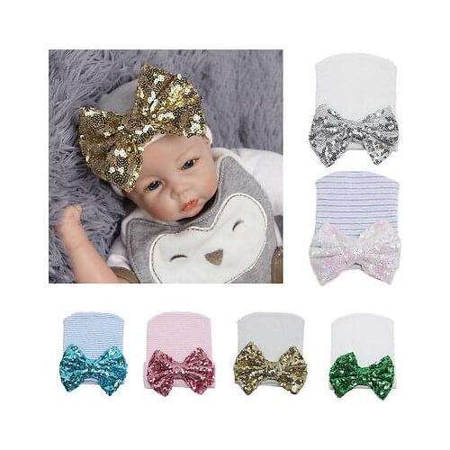 Newborn Girl Boys Cotton Striped Hat Baby Toddler Infant Cute Bow Knot Soft Caps Newborn Baby Caps Beanie Accessories 0-3M