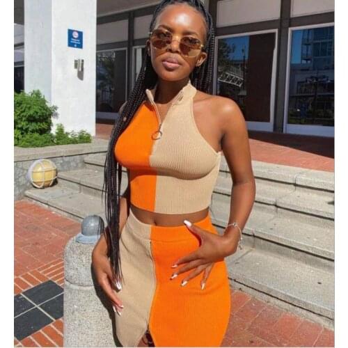 Sexy 2Pcs Outfits Women Crop Top Skirt Set Patchwork Sleeveless Zipper Tank Top + High Waist Skirt Ladies Clothing Set