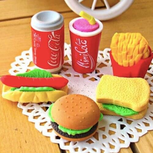 6PCS/Set Cute Lovely Eraser Hamburger Food French Fries Hot Dog Eraser Office Correction Supplies Student Office Kid Gift