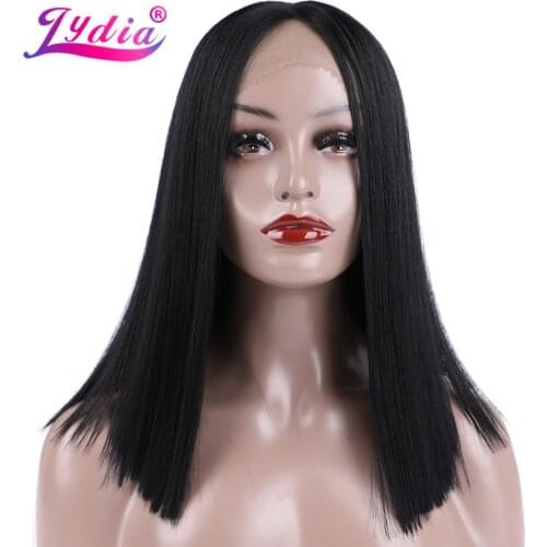 Lydia For Women Short Bob Front Lace Synthetic Hair Wigs Natural Black Yaki Straight Middle Part Wig Breathing Elastic Net