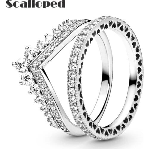 SCALLOPED Fashion Princess Wishbone Hollow Love Heart Rings Set Sparkling Zircon Women Wedding Band Engagement Jewelry Gifts
