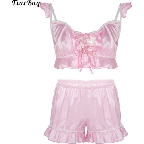 TiaoBug Men Satin Lingerie Set Pajama Set Sissy Gay Nightwear Sleepwear Lace-Up Front Ruffled Bra Tops With Shorts