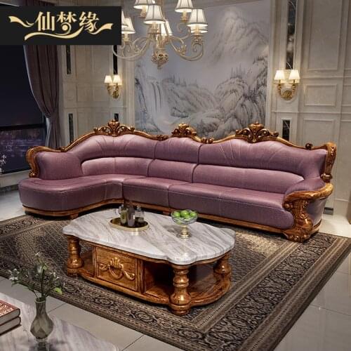 Solid genuine leather sofa quality luxury villa wood carving new living room combination furniture