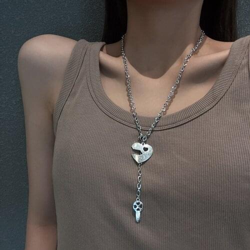 Silver Color Heart Lock & Key Pendant Necklace for Women Titanium Steel Chain Necklace Choker Collares Best Friends Jewelry C321