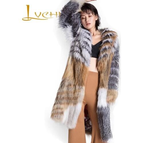 LVCHI Import Knitted Real Fur Coat Contrast Color Red Fox With Silver Fox Marble Fox fur long Female Outwear 2019 new