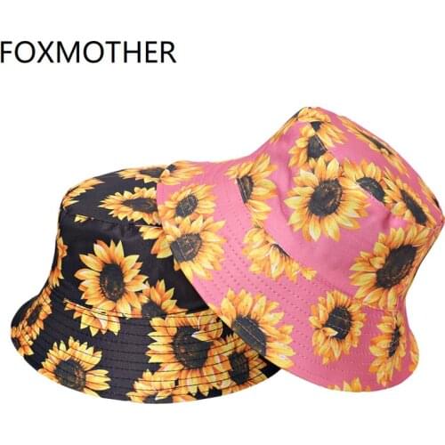 FOXMOTHER New Fashion Black White Pink Floral Sunflower Bucket Hats Mens Woman Fisherman Caps Dropshipping