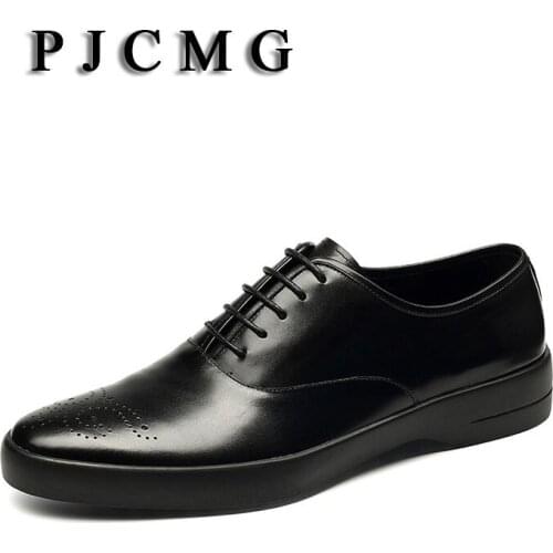 PJCMG New Breathable Mens Business Lace-Up Black/Red/Brown Pointed Toe Formal Dress Genuine Leather Wedding Oxfords Office Shoes