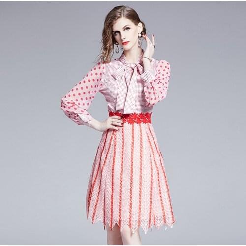Sweet Dot Chiffon Lantern Sleeve Patchwork Striped Lace Dress Spring Summer Women Bow Neck Long Sleeve Elegant Pink Dresses k870
