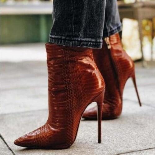Stylish Side Zipper Pointed Toe Stiletto Heel Boots Black Brown Python Print Leather High Heeled Short Boots Women Dress Shoes