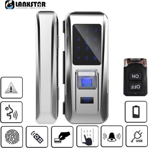 Lanxstar Glass Door Lock Office Keyless Electric Fingerprint Intelligent Lock Touch Key Card Remote Control Key Door Smart Locks