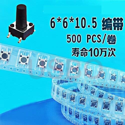 Hight Quality Tape Style SMT Push Botton switch Touch Tact Switch Black 6*6*10.5mm 500pcs/lot