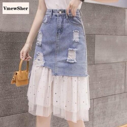 VmewSher New Elegant Denim Skirts Women Mesh Patchwork Stars Shiny Sequins Female High Waist Jean Skirt Fashion Frayed Hole