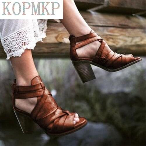 2020 New Style Woman Zipper Sandals Summer Rome Style Square Heel Shoes Peep Toe Zipper Solid Color PU Casual Outdoor Sandals