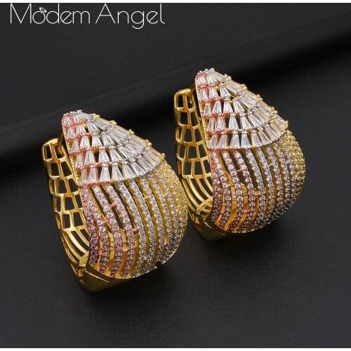 ModemAngel Hollow Luxury Lines AAA Cubic Zircons Hoop Earrings Women Party Engagement Jewelry Party Gift