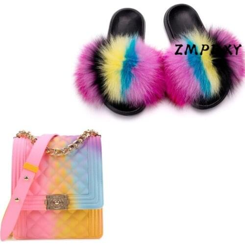 Womans Candy Crossbody Purse Womens Fox Fur Slides Rainbow Colorful Jelly Shoulder Bag Shoes Sets Female Fluffy Furry Slippers
