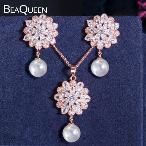 BeaQueen Elegant Rose Gold Color 2pcs Dangling Drop Pearl Earrings Necklace Pendant Cubic Zirconia Jewelry Sets for Ladies JS061