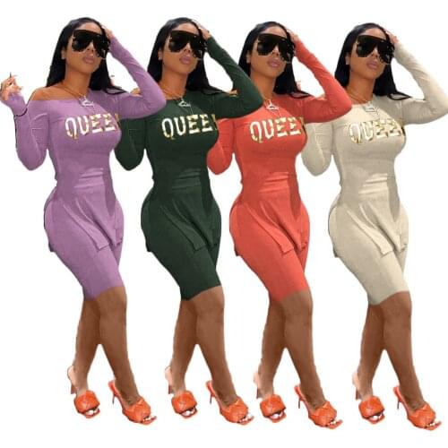 CM.YAYA Fashion Set Women QUEEN Letter Full Sleeve Long Splited Tops Sheath Elastic Shorts 2 Piece Set Summer Casual Streetwear