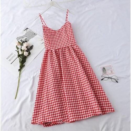 2021Women Checked Cami Dress V Neck High Waist Spaghetti Strap Midi Plaid Princess Dress Vintage Korean Style Sleeveless