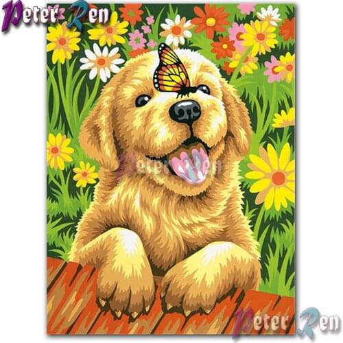 5d animal Diamond Painting Embroider Garden yellow dog butterfly Square or round Mosaic Cross stitch Rhinestone home decoration