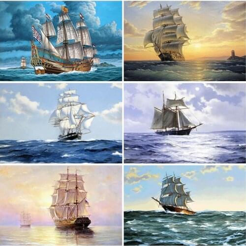 5D DIY Diamond Painting Cross Stitch Kit Sea Boat Full Round Drill Scenery Diamond Art Embroidery Diamond Mosaic Home Decoration