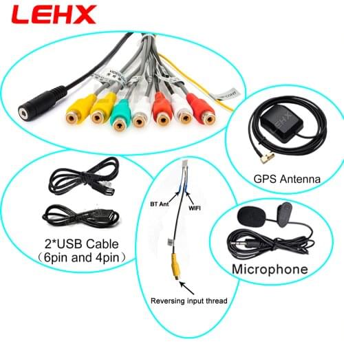 LEHX Car 2 din radio android RCA output line auxiliary adapter cable USB cable GPS antenna external microphone