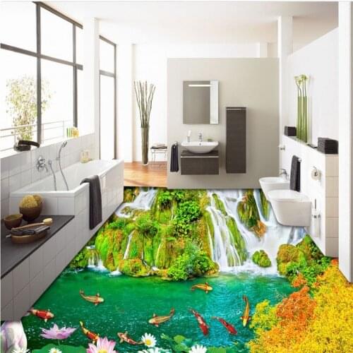 Free Shipping Beautiful waterfall nine fish figure lotus flooring wallpaper kitchen park decorative waterproof floor mural