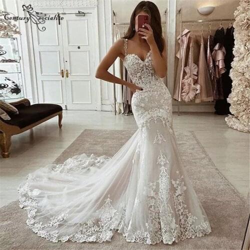 Sparkle Mermaid Wedding Dresses 2020 Bride Dress for Women Lace Applique Corset Back Elegant Bridal Gowns Vestido De Noiva