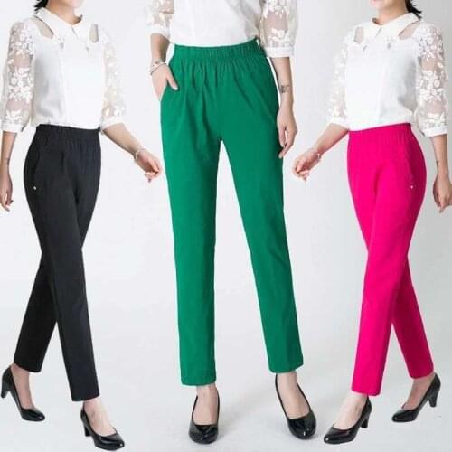 Middle Aged and Old Women Spring Autumn New Korean Cotton Printed Straight Pants Female Casual High Elastic Waist Trousers A220