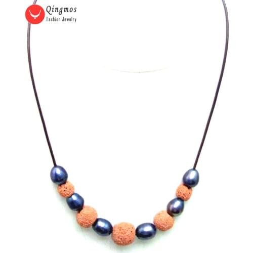 Qingmos 10-11mm Black Rice Natural Freshwater Pearl Chokers Necklace for Women with Purple Lava Rock Stone 18" Leather Cord 5908