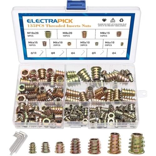 Electrapick 135pcs M4/M5/M6/M8/M10 Hex Socket Screw Inserts Threaded Nuts Type D Nuts Assortment Tool Kit for Wood Furniture