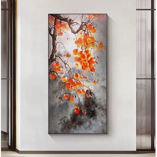 Chinese Watercolor Landscape Painting Persimmon Tree in The Mountain Canvas Prints Modern Wall Art Picture for Interior Decor