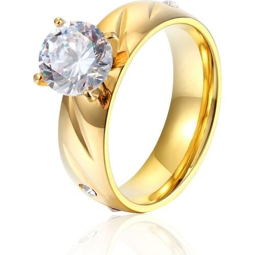 Hot Brand Jewelry Fashion Stainless Steel Sides Crystal Gold Color Engagement Ring Crystal Women Marry Ring