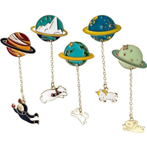 Fashion Astronaut Earth Moon Rabbit Saturn Mars Planet Brooches Women Men Girl Drip Pins Collar Badge Animal Jewelry Wholesale