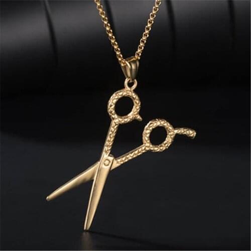 Trendy Scissors Pendants Necklaces Gold Color Stainless Steel Chain Necklace for Men Barber Shop Jewelry