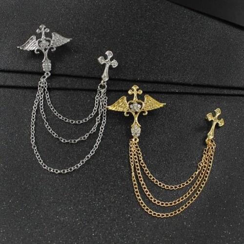 British style Fashion Angel Wings Cross Rhinestone Chain Tassel Brooch Mens Tide Clothing Badge Accessories Suit Collar Needle