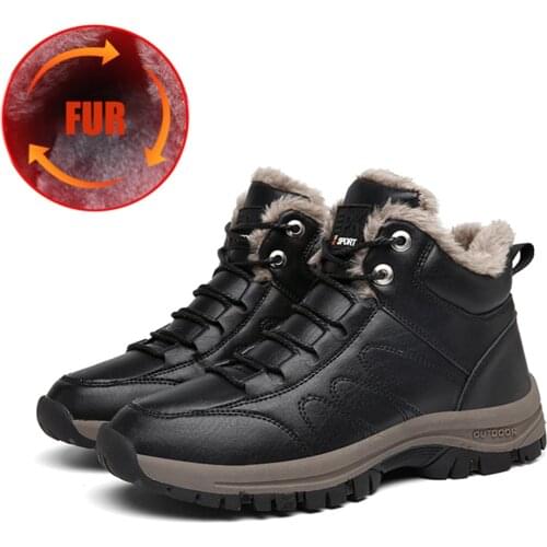 Genuine Cow Leather Boots Men Winter Warm Plush Walk Hike High-top Sneakers Male Fashion Quality Outdoor Boot 2020 Men Shoes New