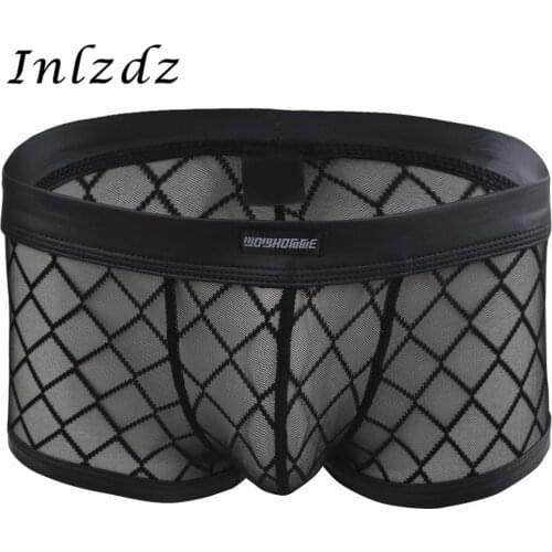 Mens Lingerie Gridding Underwear Semi See Through Boxer Brief Shorts Hot Sexy Panties Costume for Sex Male Exotic Underwear