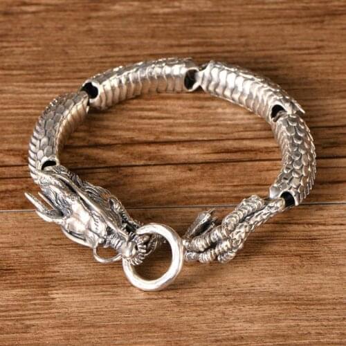 Real S925 Sterling Silver Domineering Mens Antique Dragon Travel World Dragon Bracelet Exquisite Commemorative Party Jewelry